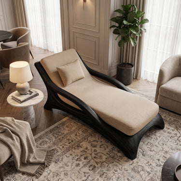 Sculptural Wood Daybed With Cushioned Seat For Sunroom