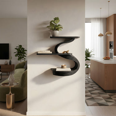 Three-Tier S-Shaped Floating Wall Shelf in Natural Wood