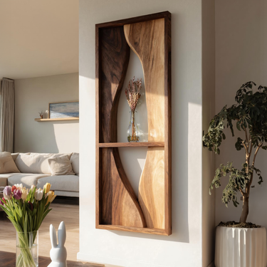 Natural Wood Wall Shelf with Sculptural Panel Design