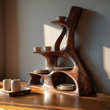 Sculptural Wood Display Shelf with Organic Open Form Design