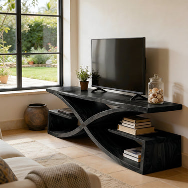 Natural Wood TV Console with Sculptural Cross Base and Open Shelves