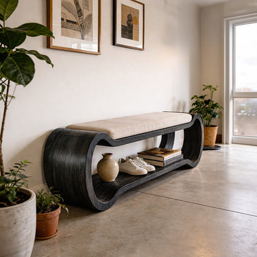 Curved Wood Storage Bench With Cushioned Seat