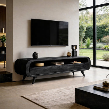 Natural Wood TV Console with Open Shelf and Curved Frame