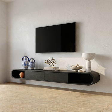 Floating Curved TV Cabinet With Suspended Drawer Storage