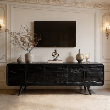 Natural Wood TV Console with Carved Wave Front and Drawer Storage