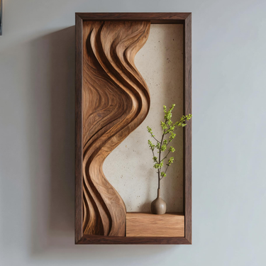 Framed Sculptural Wood Wall Art Panel with Flowing Carved Form