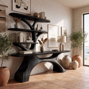 Sculptural Wood Room Divider Console With Open Shelves