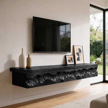 Floating Natural Wood TV Console with Textured Carved Front