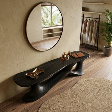 Low Profile Wood Bench With Carved Openwork Base