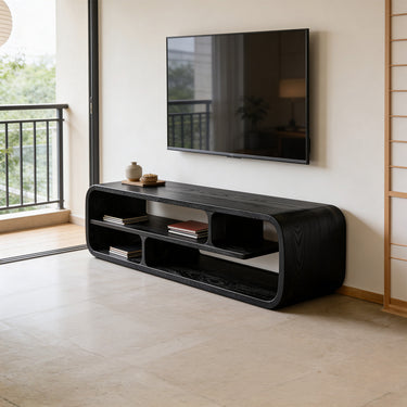 Organic Curved TV Console With Open Shelf Storage