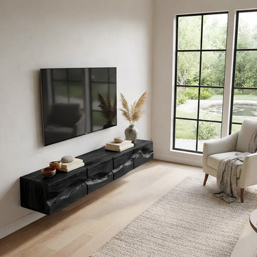 Floating Natural Wood TV Console with Carved Wave Front