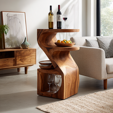 Multi-Tier Wood Side Table with Sculptural Form and Open Storage