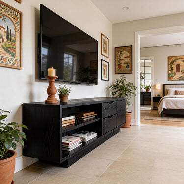 Modern Low Profile TV Console With Drawers And Shelves