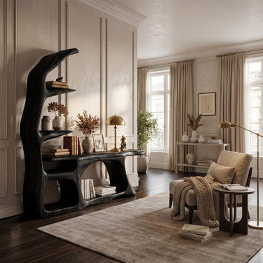 Sculptural Wood Console Table With Vertical Display Shelves