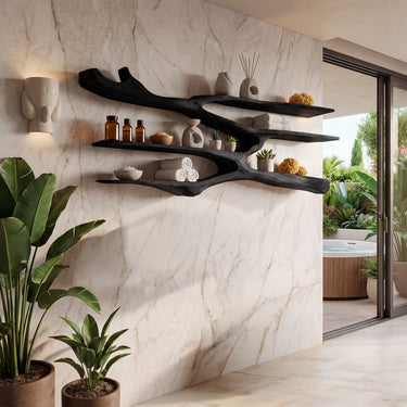 Flowing Wood Wall-Mounted Shelf With Open Display