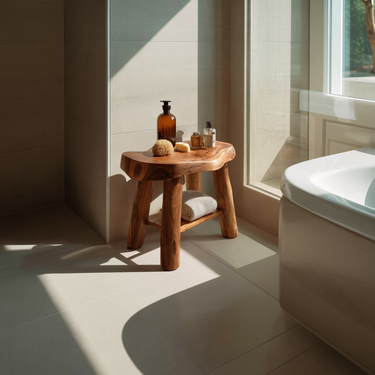 Rustic Bathroom Bench Natural Wood Shower Stool With Storage Shelf