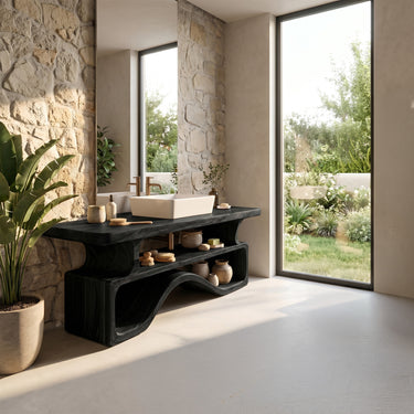 Sculptural Solid Wood Bathroom Vanity with Open Shelving