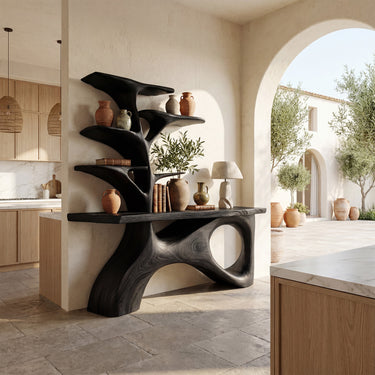 Sculptural Wood Console Table With Layered Display Shelves