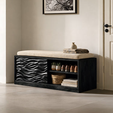 Carved Entryway Storage Bench With Cushioned Seat