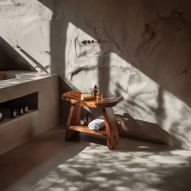 Artisan Shower Bench Natural Wood Bathroom Seat With Storage Shelf