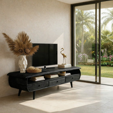 Natural Wood TV Console with Live Edge Top and Drawer Storage