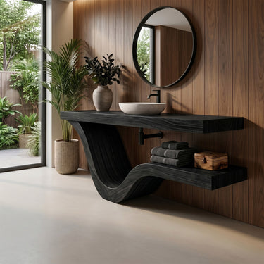 Sculptural Solid Wood Floating Vanity with Live Edge Countertop