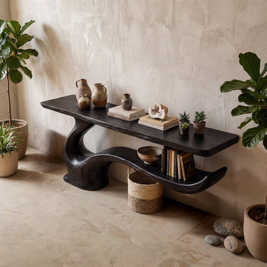Live Edge Console Table With Floating Sculptural Shelf