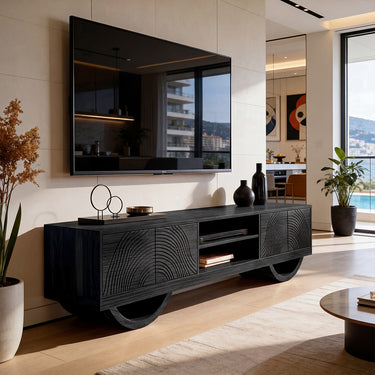 Sculptural Arch Base TV Cabinet With Carved Panel Doors