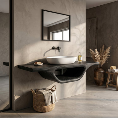 Floating Solid Wood Vanity Shelf with Sculpted Design for Modern Bathroom