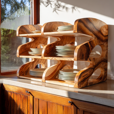 Organic Wood Dish Rack Shelf with Multi-Tier Sculptural Design