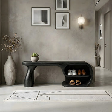 Curved Wood Entryway Bench With Shoe Storage