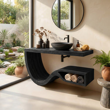 Organic Solid Wood Floating Vanity with Curved Shelf Storage