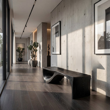 Sculpted Wood Bench With Flowing Undercut for Calm Interiors