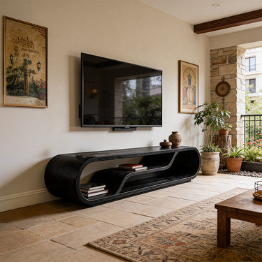 Sculptural Flow Frame TV Cabinet With Layered Open Shelves