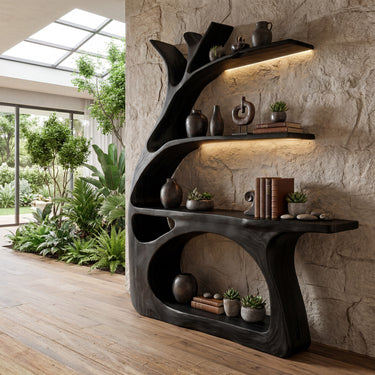 Sculptural Wood Kitchen Console With Curved Display Shelves