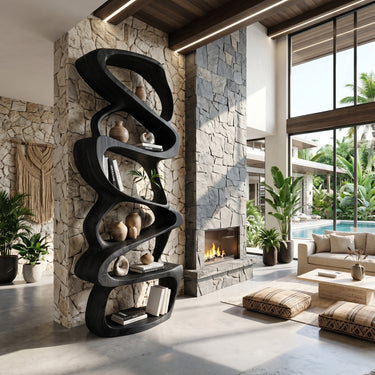 Sculptural Wood Bookshelf With Open Display Shelves