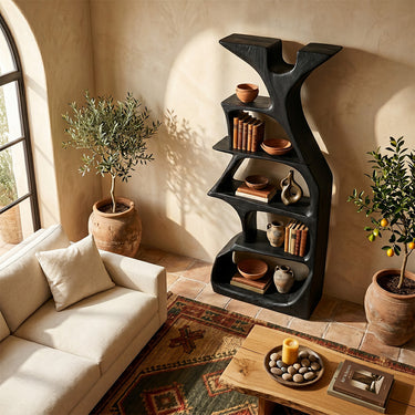 Sculptural Wood Bookshelf With Open Organic Shelves