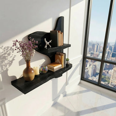 Asymmetrical Two-Tier Wall Shelf in Natural Wood with Sculptural Form