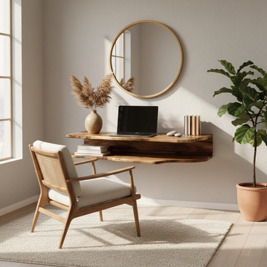 Two-Tier Live Edge Solid Wood Floating Desk with Storage Shelf