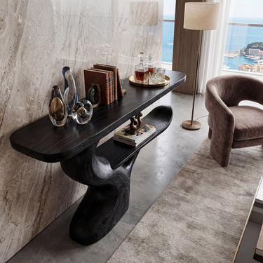 Sculptural Wave Console Table With Floating Shelf
