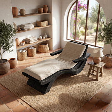 Sculptural Wood Chaise Lounge With Curved Cushioned Seat