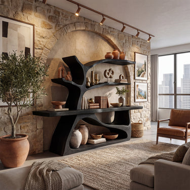 Sculptural Wood Console Table With Art Display Shelves