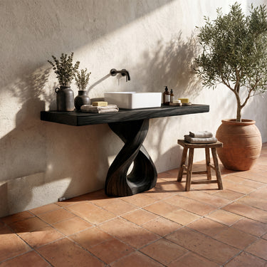 Sculptural Solid Wood Bathroom Vanity with Twist Pedestal Base