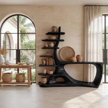 Sculptural Wood Console Table With Tall Display Shelves