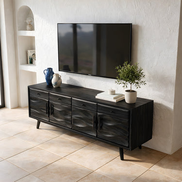 Natural Wood TV Console with Sculpted Front Panels and Drawer Storage