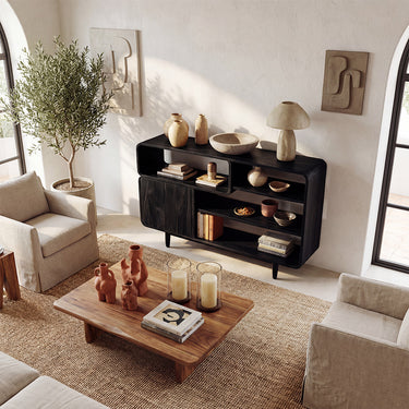 Curved Open Shelf Sideboard With Cabinet Storage
