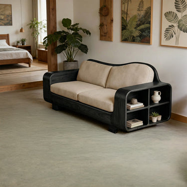 Curved Back Sofa With Integrated Storage Arm Design