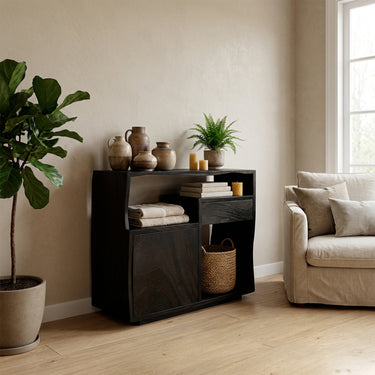 Asymmetrical Wood Console Cabinet With Tiered Storage