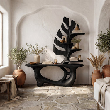 Sculptural Wood Console Table With Leaf-Inspired Shelves