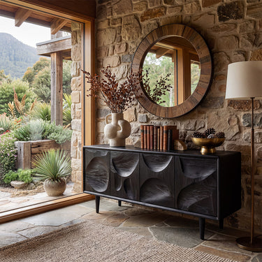 Sculptural Relief Sideboard With Geometric Carved Doors